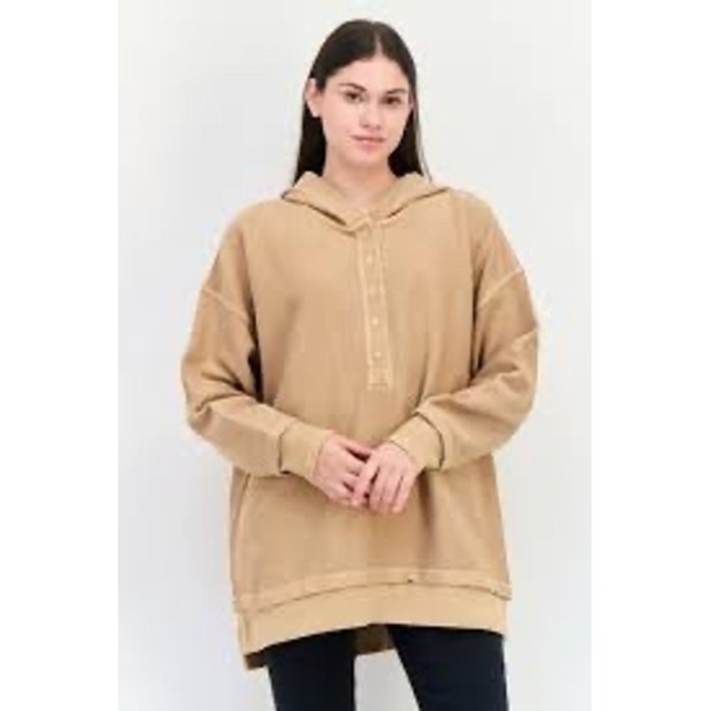 Aerie Waffle Knit Henley Hoodie Women XS Tan Brown Oversized 100% Cotton
